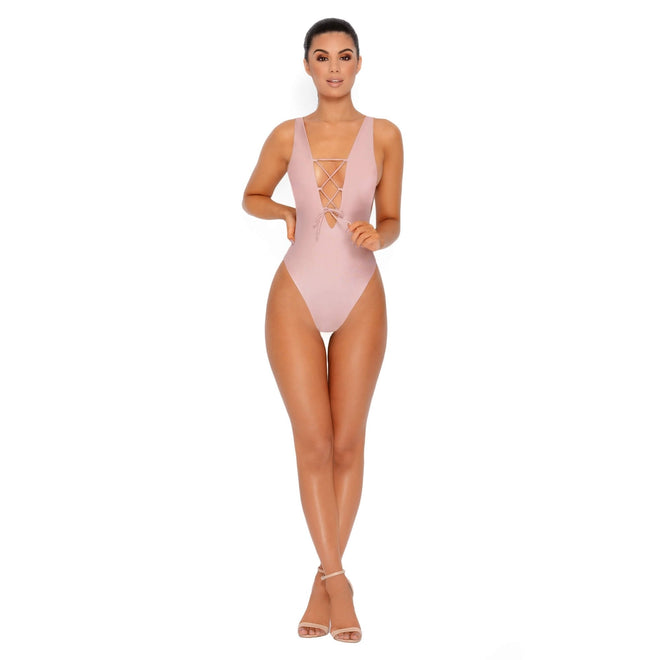 All Tied Up Lace Front High Leg Swimsuit in Blush Mauve - Best Selling Bikinis