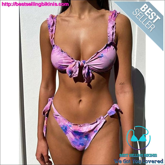 IBIZA VIBE SAVIPOP Knot Front Bikini Set Ruffle Tie Bandeau Printed Swimsuits for Women - Best Selling Bikinis
