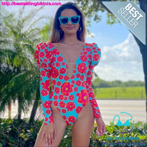 Long Sleeve Floral Sexy One Piece Swimsuit - Best Selling Bikinis