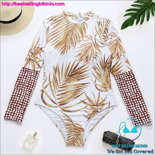 Long Sleeve Splicing Leaf Print Sexy One Piece Swimsuit - Best Selling Bikinis