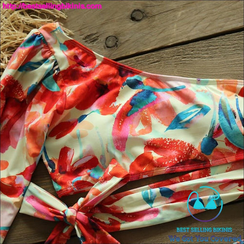 One Shoulder Long Sleeve Blossom Printed Bikini Swimsuit - Best Selling Bikinis