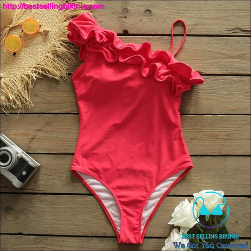 One Shoulder Ruffle Solid Color Sexy One Piece Swimsuit - Best Selling Bikinis