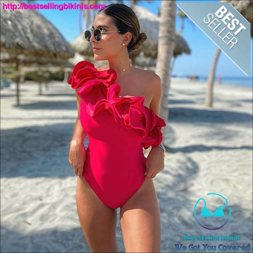 One Shoulder Ruffle Solid Color Sexy One Piece Swimsuit - Best Selling Bikinis