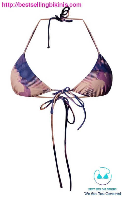 Purple Striped Floral Tie Front Triangle Bikini Top 5