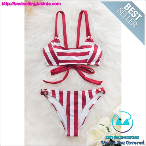 Red And White Stripe Buttoned Bikini - Best Selling Bikinis