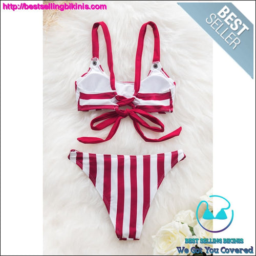 Red And White Stripe Buttoned Bikini - Best Selling Bikinis