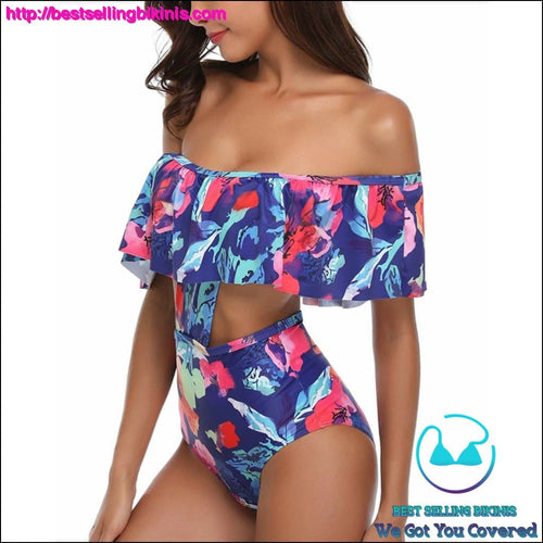Ruffle Off Shoulder Floral Printed Cutout Swimsuit - Best Selling Bikinis