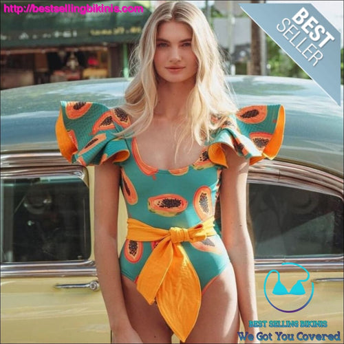 Ruffle Papaya Print Backless Belt One Piece Swimsuit - Best Selling Bikinis