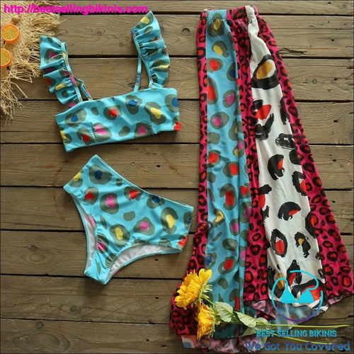 Ruffle Polka Dot Leopard Stitching Print Bikini Swimsuit and Pleated Skirt - Best Selling Bikinis