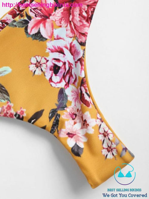 Smocked Ruffles Floral Bandeau Bikini - Best Selling Bikinis