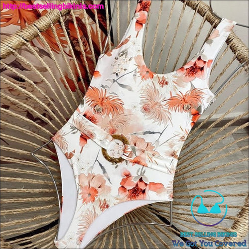 Straw Ring Belt Printed One Piece Swimsuit and Flared Sleeve Chiffon Cover Up - Best Selling Bikinis