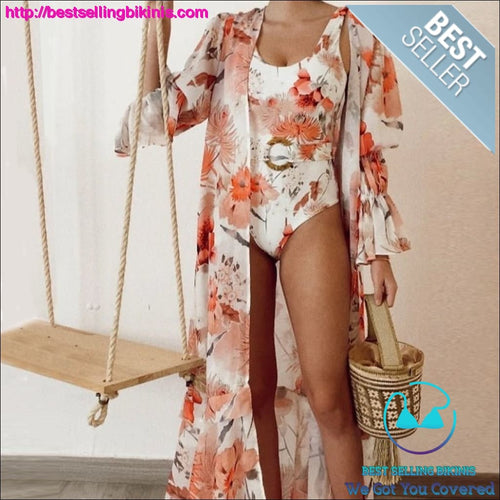 Straw Ring Belt Printed One Piece Swimsuit and Flared Sleeve Chiffon Cover Up - Best Selling Bikinis