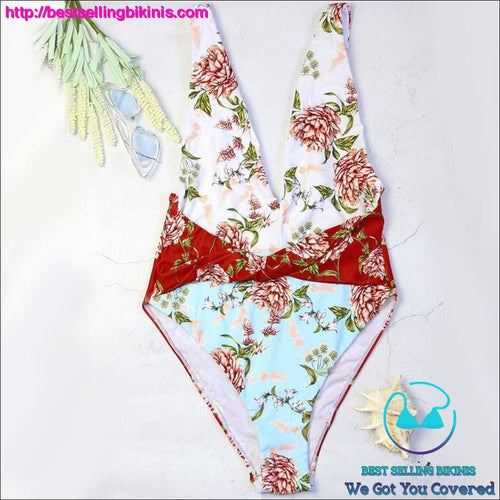 V Neck Splicing Backless Floral Sexy One Piece Swimsuit - Best Selling Bikinis