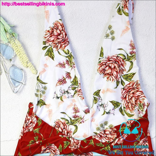 V Neck Splicing Backless Floral Sexy One Piece Swimsuit - Best Selling Bikinis