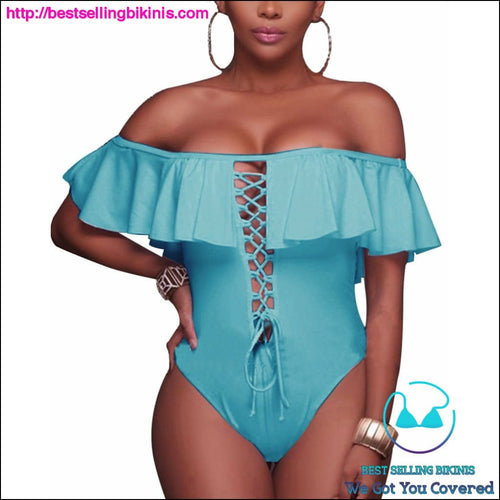 Lace Up Ruffle Off Shoulder One Piece - Best Selling Bikinis