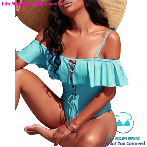 Lace Up Ruffle Off Shoulder One Piece - Best Selling Bikinis